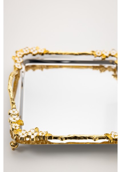 Lüks Kare Çelik Sunum Tepsisi | Gold Renkli Dallı Mineli Çiçekli Ayaklı Paslanmaz Söz Tepsisi 21X21 cm modelleri