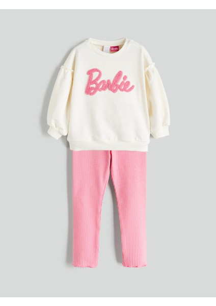 Yeni Sezon Bisiklet Yaka Barbie Baskılı Kız Bebek Sweatshirt ve Tayt 2'li Takım