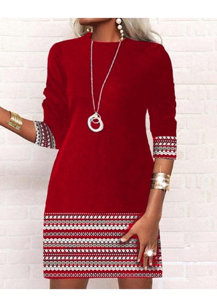 Kadın Uzun Kollu Bisiklet Yaka Kol Ağzı ve Etek Ucu Baskılı Iki Iplik Elbise