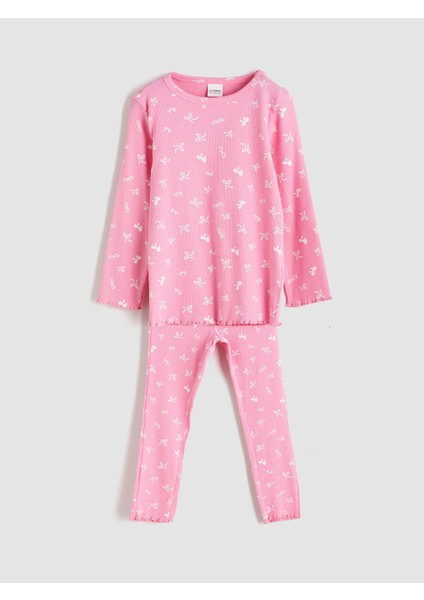 Izr Yeni Sezon Bisiklet Yaka Fiyonk Baskılı Kız Çocuk Pijama Takımı