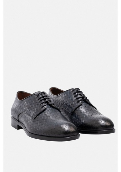 Ayakkabı Koyu Lacivert Örgü Hasır Desenli Hakiki Deri El Yapımı Klasik Erkek Ayakkabı