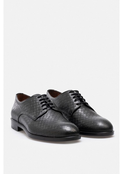 Ayakkabı Siyah Örgü Hasır Desenli Hakiki Deri El Yapımı Klasik Erkek Ayakkabı