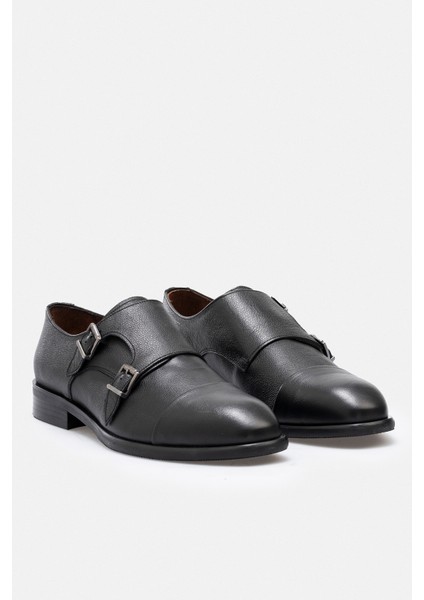 Ayakkabı Siyah Hakiki Deri El Işçiliği Çift Tokalı Monk Strap Erkek Ayakkabı