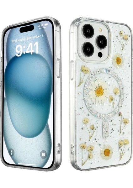 MYT09 iPhone 15 Pro Max Kılıf Daisy Simli Magsafe Kapak - Gümüş