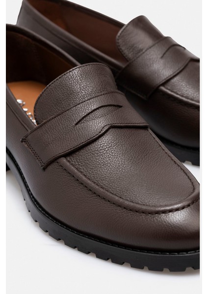 Ayakkabı Kahverengi Hakiki Floater Deri El Yapımı Kalın Tabanlı Erkek Penny Loafer Makosen fırsatları