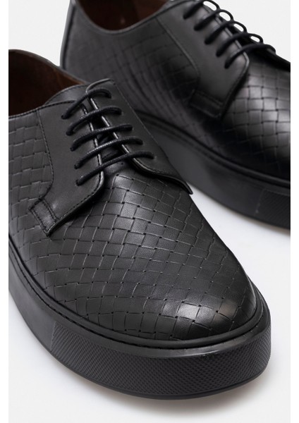 Ayakkabı Siyah Örgü Desenli Hakiki Deri El Yapımı Kalın Taban Casual Erkek Sneaker fırsatları