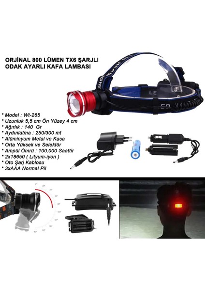 Orjinal 800 Lümen T6 Şarjlı Kafa Feneri WT-265