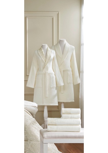 Çiçek Diyarı Aile Bornoz Seti 6 Parça Bej Krem-Krem