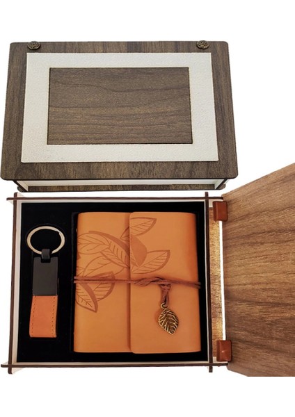 Özel Ahşap Kutulu Taba Deri Defter ve Anahtarlık Set