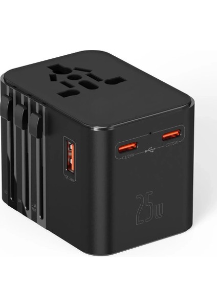25W Evrensel Seyahat Adaptörü, Eu/us/uk/au Priz Dönüştürücü, 1x Usb, 2x Type-C Hızlı Şarj
