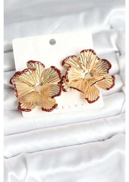 Bfs Pirinç Gold Renk Bordo Renk Detaylı Lotus Kadın Küpe