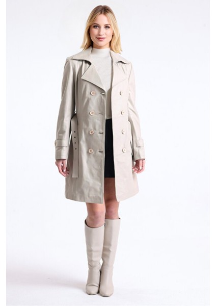 Nicole Hakiki Deri Kadın Ekru Trençkot