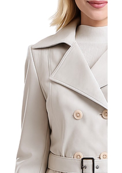 Nicole Hakiki Deri Kadın Ekru Trençkot modelleri