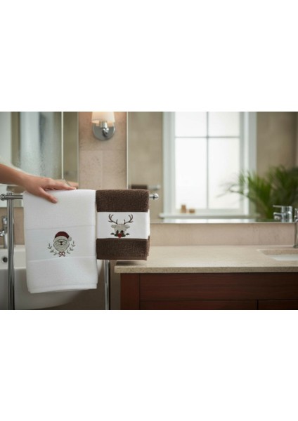 2’li Yılbaşı Temalı %100 Pamuk Havlu Seti – Noel Baba ve Geyik Işlemeli, Waffle Dokuma El Havlusu, Nakışlı Mutfak ve Banyo Havlusu, Hediyelik Yılbaşı Süslemeli Havlu Seti