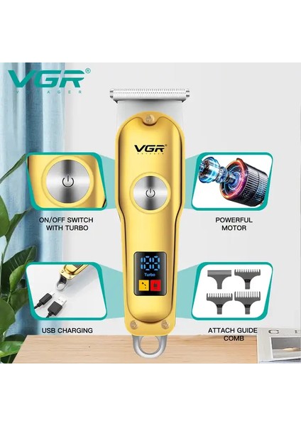 Vgr V-290 Altın T Bıçak Sıfır Kesim LCD Ekran Şarjlı Tıraş Makinesi indirimleri