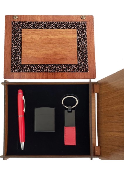 Ahşap Kutulu Kırmızı Kalem Anahtarlık ve Çakmak Set