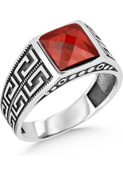 Faset Kesim Kırmızı Zirkon Taşlı 925 Ayar Gümüş Erkek Yüzük