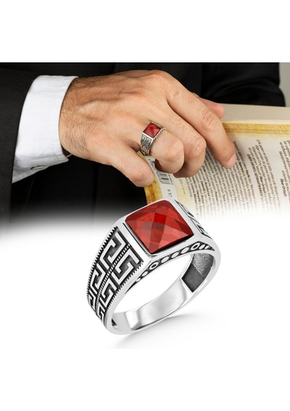 Faset Kesim Kırmızı Zirkon Taşlı 925 Ayar Gümüş Erkek Yüzük fiyatları