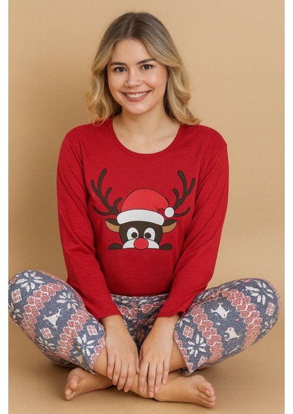Kadın Kışlık Penye Pijama Takımı – Noel Desenli Uzun Kollu Üst + Desenli Alt – Yumuşak Kumaş