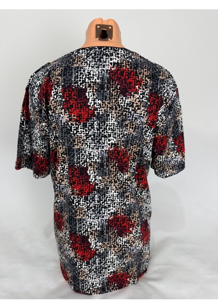 Kadın Çok Renkli U Yaka Kısa Kollu Desenli Yırtmaçlı Dokuma Viskon Anne Penye Tişört fiyatları