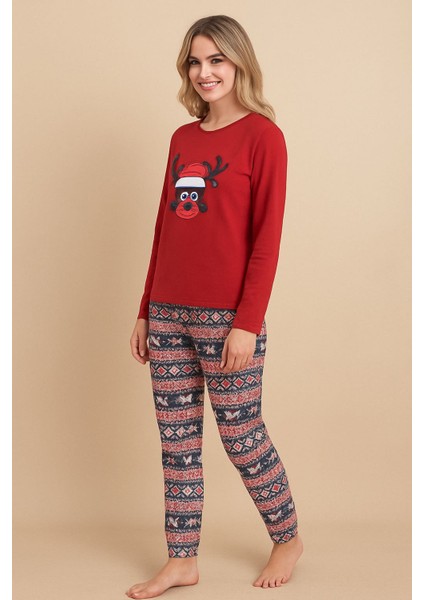Kadın Kışlık Penye Pijama Takımı – Noel Desenli Uzun Kollu Üst + Desenli Alt – Yumuşak Kumaş fiyatları