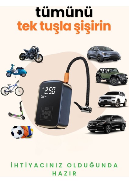 Airgo Taşınabilir Şarjlı Araba Hava Kompresörü Powerbank LED Işıklı Araç Lastik Top Şişirme Pompası