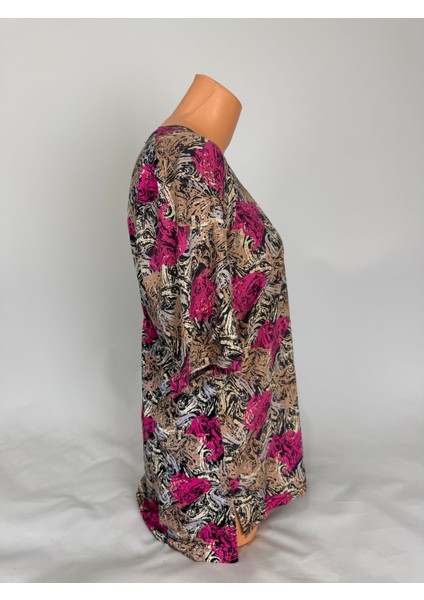 Kadın Çok Renkli U Yaka Kısa Kollu Desenli Yırtmaçlı Dokuma Viskon Anne Penye Tişört fiyatları