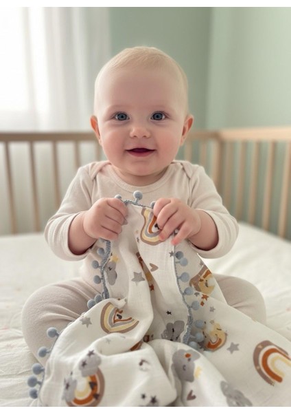 %100 Pamuk Müslin Ponponlu Çift Katlı Bebek Battaniyesi