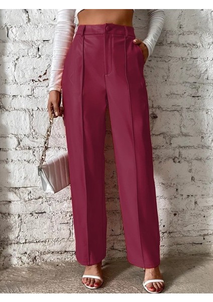 Kadın Önden Fermuarlı Cepli Geniş Kesim Lame Deri Pantolon