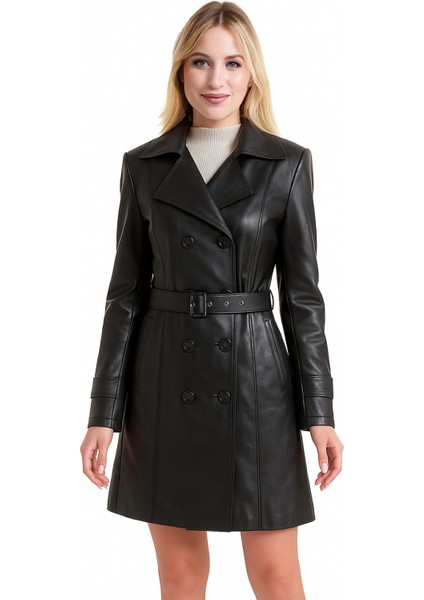 Nicole Hakiki Deri Kadın Siyah Trençkot