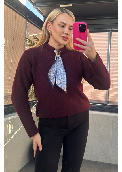 Fular Detaylı Bordo Kazak modelleri