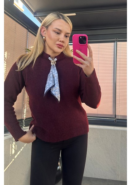 Fular Detaylı Bordo Kazak indirimleri