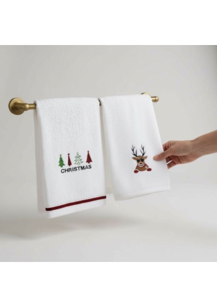 2’li Yılbaşı Temalı %100 Pamuk Havlu Seti – Noel Baba ve Geyik Işlemeli, Waffle Dokuma El Havlusu, Nakışlı Mutfak ve Banyo Havlusu, Hediyelik Yılbaşı Süslemeli Havlu Seti