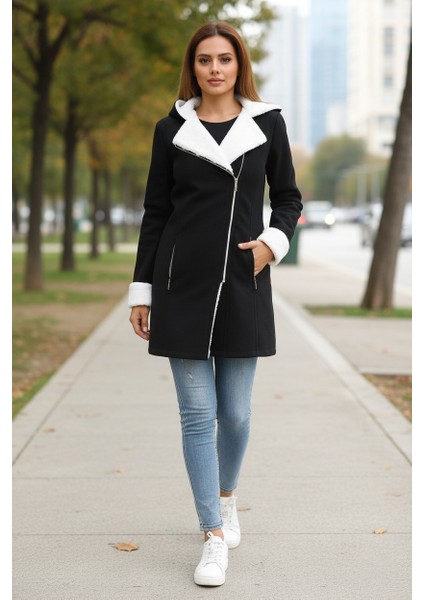 Kışlık Günlük Siyah Kaşe Kadın Kaban