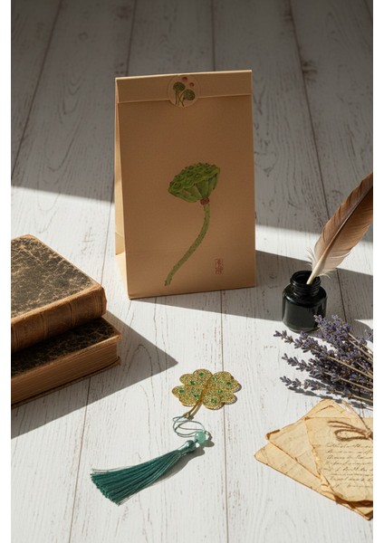 Yonca Yaprağı Desenli Kitap Ayracı Seti - Uzak Doğu Temalı Taşıma Paketi Hediye