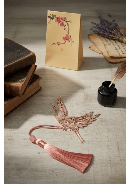 Leylek Turna Kuşu Desenli Kitap Ayracı Seti - Uzak Doğu Temalı Taşıma Paketi Hediye