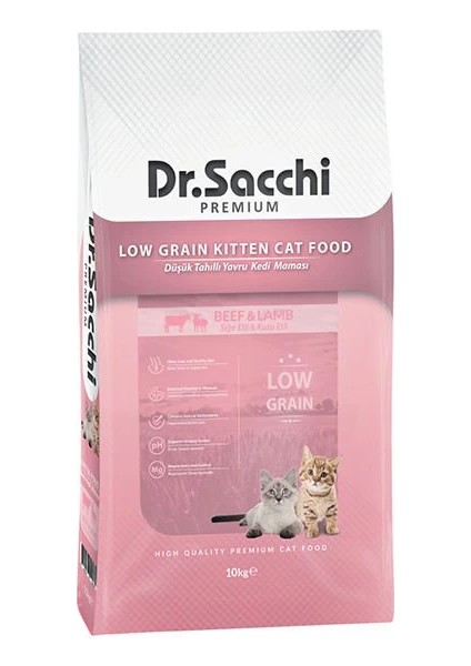 Dr.sacchi Premium Düşük Tahıllı Sığır ve Kuzu Etli Yavru Kedi Maması 10 kg