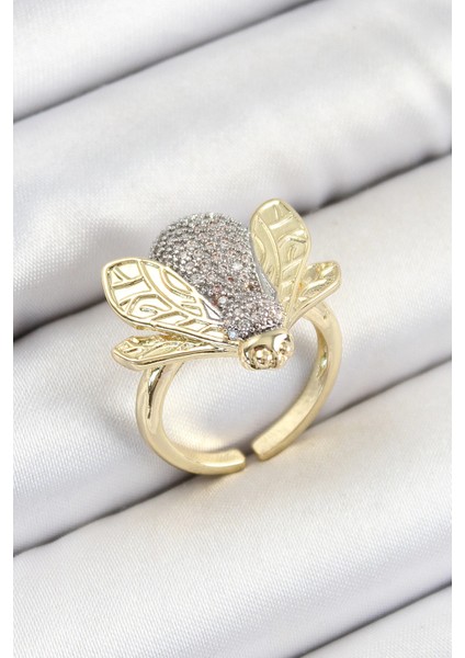 Pirinç Zirkon Taşlı Arı Model Gümüş ve Gold Renk Kadın Yüzük