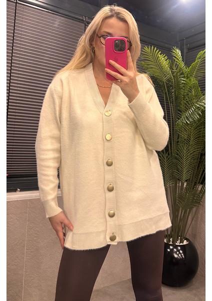 Gold Düğmeli Yumoş Ekru Uzun Hırka indirimleri