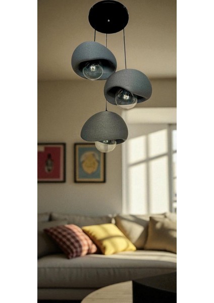 Beton Görünümlü Iskandinav &bohem Gri 3’lü Sarkıt Avize -Şık Tasarım, (Rustik Ampul Hediye)