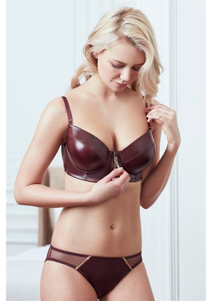 Deri Görünümlü Balenli Destekli Dolgulu Askıları Çıkabilen Ortası Fermuarlı Büstiyer Sütyen ve Slip Takım AX20928 fiyatları