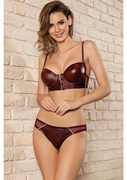 Deri Görünümlü Balenli Destekli Dolgulu Askıları Çıkabilen Ortası Fermuarlı Büstiyer Sütyen ve Slip Takım AX20928 fırsatları