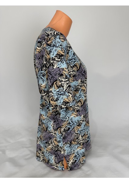 Kadın Çok Renkli U Yaka Kısa Kollu Desenli Yırtmaçlı Dokuma Viskon Anne Penye Tişört fiyatları