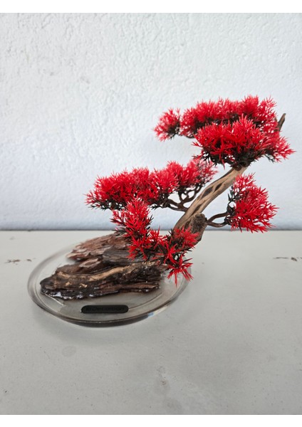 El Yapımı Eğimli Bonsai Dekor – Epoksi Tabanlı Driftwood Ağaç Modeli (Yeşil / Kırmızı / Turuncu)