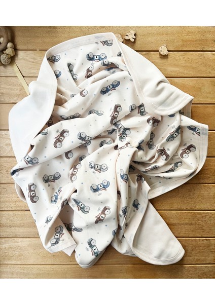 Naturel Pamuklu 80 x 85 cm Çift Kat Penye Bebek Battaniye Yarış Arabası