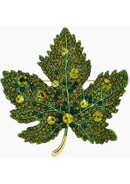 Yeşil Zirkon Taşlı Akağaç Yaprağı Broş