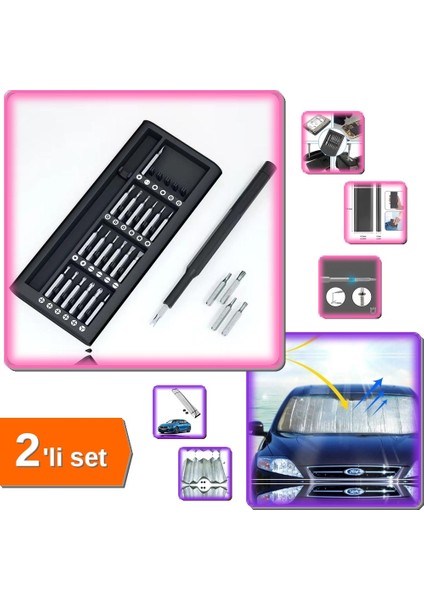 24 Parça Çok Fonksiyonlu Hassas Tamir Tornavida Seti + Araç Camı Oto Güneş Koruyucu- 2li Set H8G0M3