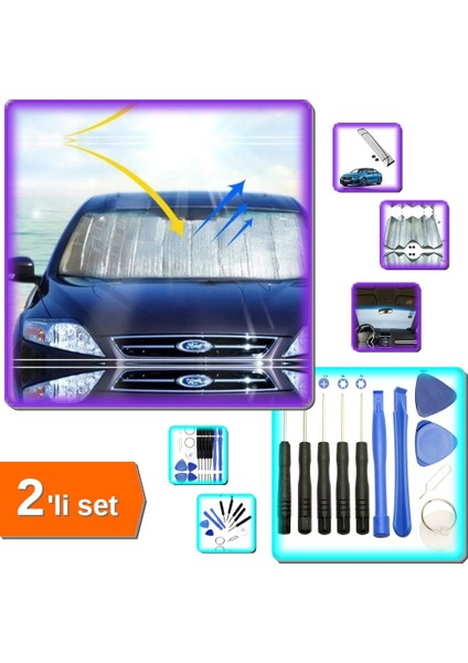 Araç Camı Için Oto Güneş Koruyucu + 11 Parça Elektronik Tamir Seti - 2li Set P7L8V9