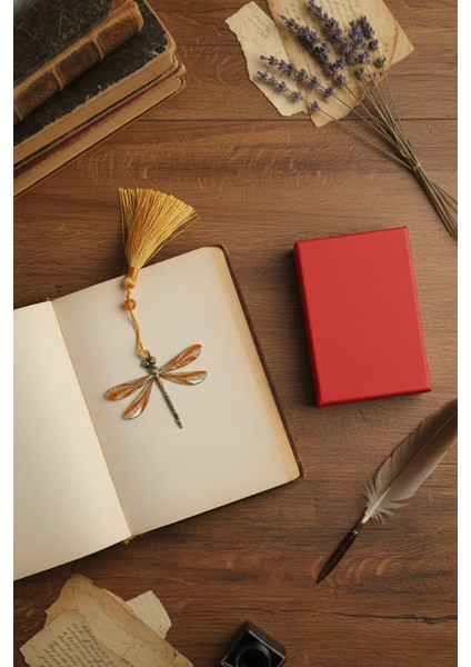 Yusufçuk Desenli Metal Kitap Ayracı -Kırmızı Hediye Kutusu ve Uzak Doğu Temalı Taşıma Paketi Hediye