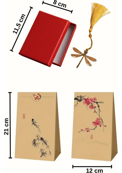 Yusufçuk Desenli Metal Kitap Ayracı -Kırmızı Hediye Kutusu ve Uzak Doğu Temalı Taşıma Paketi Hediye fiyatları